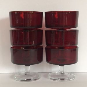 Six Vintage Luminarc France Ruby Red Clear Stem Sherbet/ Dessert Bowls/Glasses